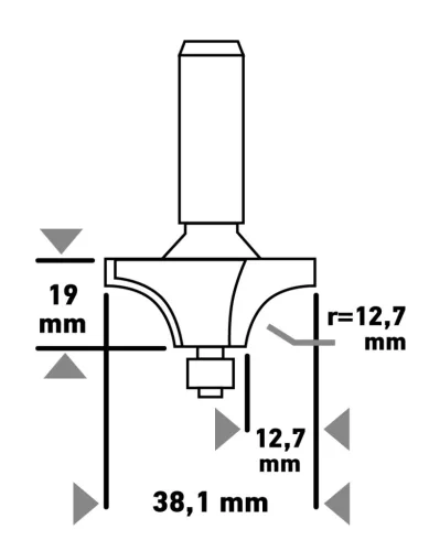 Graphite Felsőmaró kés, kerekítő, 38.1x19mm, 8mm szárral