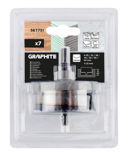 Graphite Körkivágó készlet fához, műanyagokhoz, acél, edzett fogakkal, 26-63mm, 18mm fúrásmélység