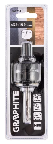 Graphite Központfúró befogóadapterrel, Bi-Metál körkivágókhoz, 32-152mm, hatszög szárral