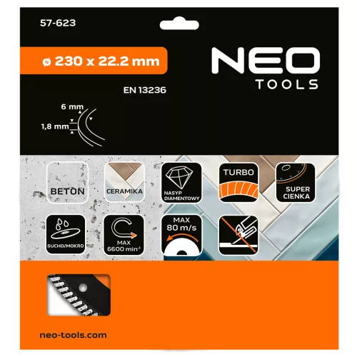 Neo Tools Gyémánt vágókorong 230mm turbo vékony