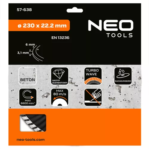 Neo Tools Gyémánt vágókorong 230mm turbo hűtőbordás