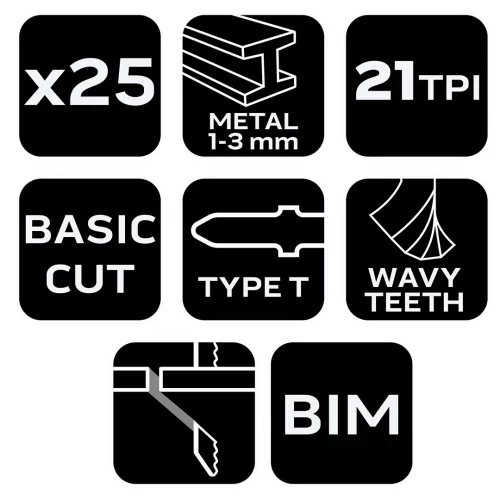 Neo Tools Dekopírfűrészlap, T-befogó, Bi-Metal, 21TPI, 50/75mm, fém-fa-műanyag-rétegelt lemez, 25db