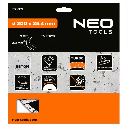 Neo Tools Gyémánt vágókorong 200x25.4mm turbo
