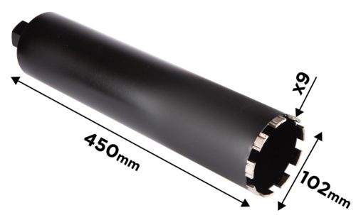 Graphite Gyémánt magfúró korona, 102x450mm, 9 szegmenses, 58G540 géphez 1,1/4"