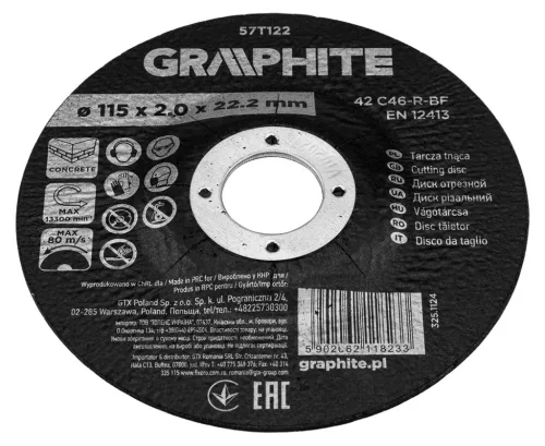 Graphite Vágókorong kőhöz, korund  süllyesztett furattal 115x2x22,2 42 C46-R-BF