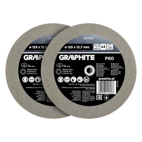 Graphite Köszörűkorong asztali köszörűhöz, P60, 125x12.7mm, 20/16/12.7mm redukálógyűrűkkel, 2db