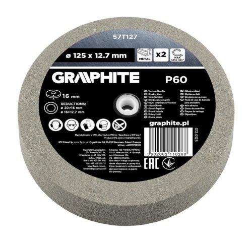 Graphite Köszörűkorong asztali köszörűhöz, P60, 125x12.7mm, 20/16/12.7mm redukálógyűrűkkel, 2db