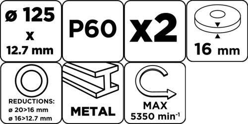 Graphite Köszörűkorong asztali köszörűhöz, P60, 125x12.7mm, 20/16/12.7mm redukálógyűrűkkel, 2db