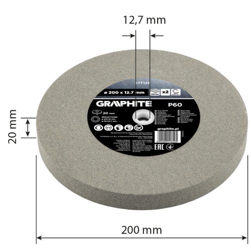 Graphite Köszörűkorong, 200x20/16/12.7x20mm, P60, 2db
