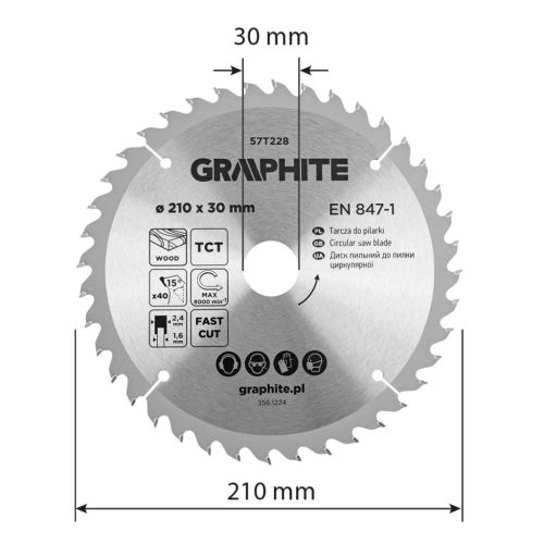 Graphite Körfűrészlap keményfém fogakkal, 210x30mm, 40fog