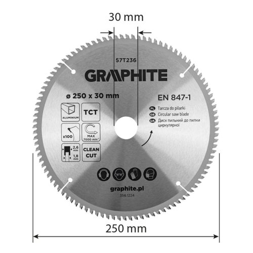 Graphite Körfűrészlap keményfém fogakkal, alumíniumhoz, 250x30mm, 100fog