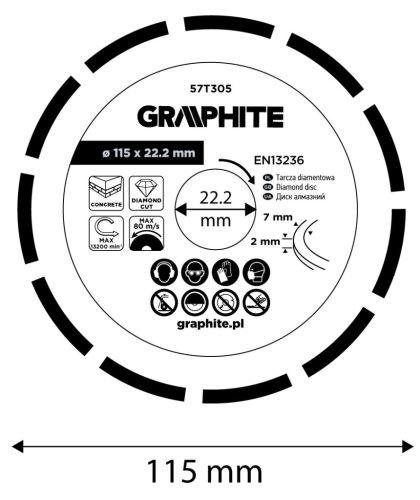 Graphite Gyémánt vágókorong 115x22.2mm, szegmenses, száraz