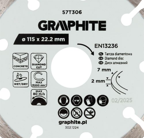 Graphite Gyémánt vágókorong 115x22.2mm, szegmenses, száraz és vizes