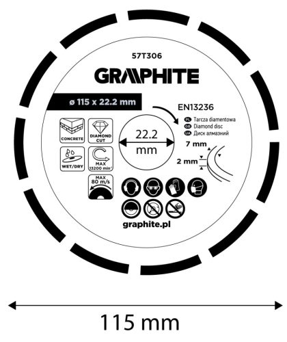 Graphite Gyémánt vágókorong 115x22.2mm, szegmenses, száraz és vizes