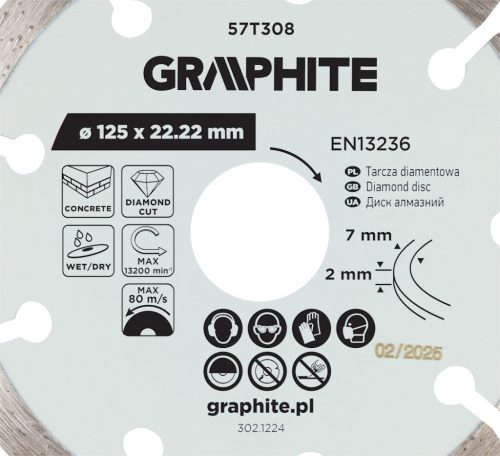 Graphite Gyémánt vágókorong 125x22.2mm, szegmenses, száraz és vizes
