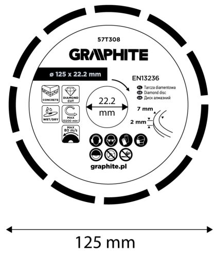 Graphite Gyémánt vágókorong 125x22.2mm, szegmenses, száraz és vizes
