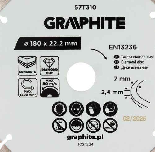 Graphite Gyémánt vágókorong 180x22.2mm, szegmenses, száraz