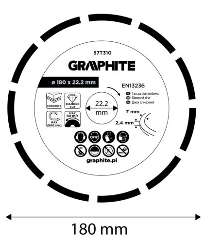 Graphite Gyémánt vágókorong 180x22.2mm, szegmenses, száraz