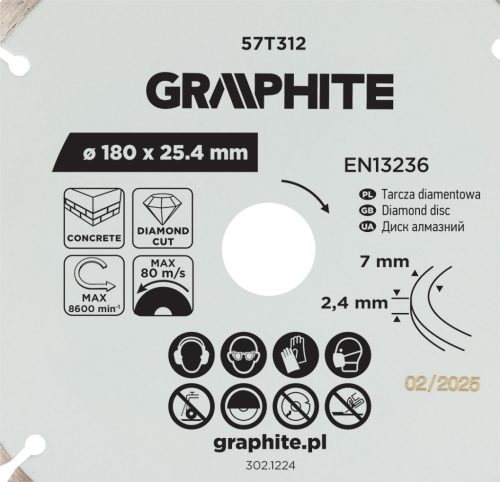 Graphite Gyémánt vágókorong 180x25,4mm, szegmenses, száraz