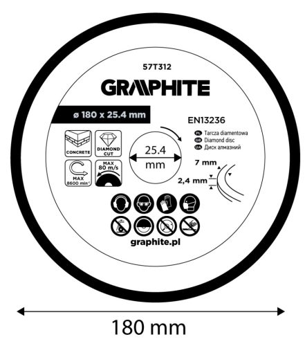 Graphite Gyémánt vágókorong 180x25,4mm, szegmenses, száraz