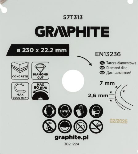 Graphite Gyémánt vágókorong 230x22.2mm, szegmenses, száraz