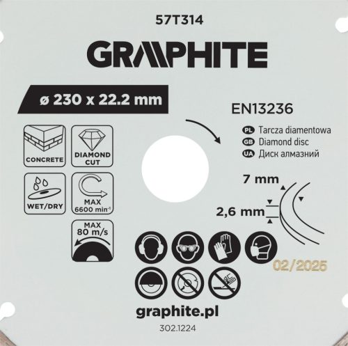 Graphite Gyémánt vágókorong 230x22.2mm, szegmenses, száraz és vizes