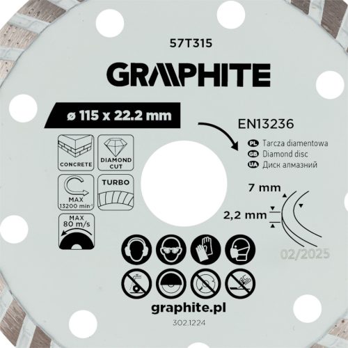 Graphite Gyémánt vágókorong 115x22.2mm, turbo, száraz