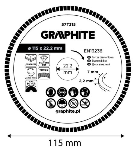 Graphite Gyémánt vágókorong 115x22.2mm, turbo, száraz