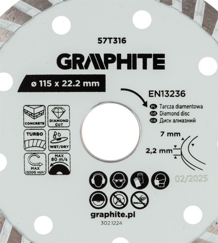 Graphite Gyémánt vágókorong 115x22.2mm, turbo, száraz és vizes