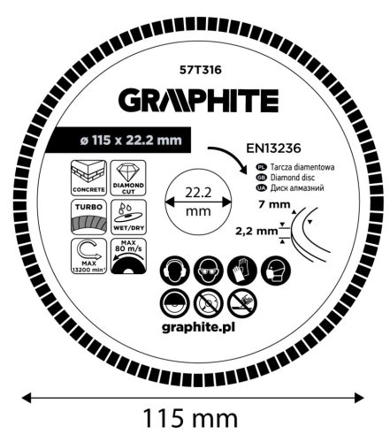 Graphite Gyémánt vágókorong 115x22.2mm, turbo, száraz és vizes