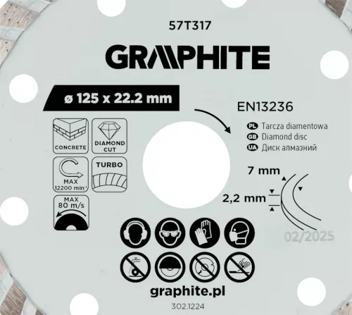 Graphite Gyémánt vágókorong 125x22.2mm, turbo, száraz