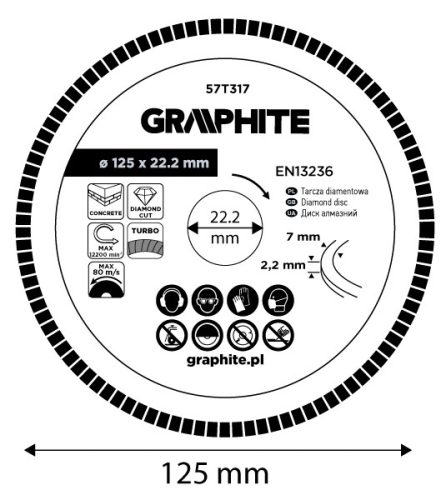 Graphite Gyémánt vágókorong 125x22.2mm, turbo, száraz