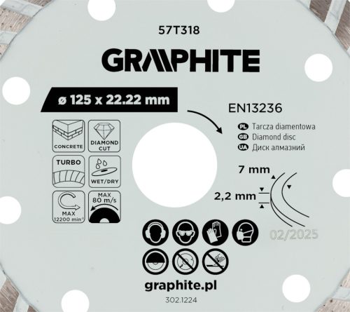 Graphite Gyémánt vágókorong 125x22.2mm, turbo, száraz és vizes