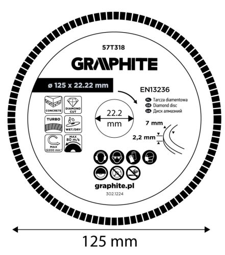 Graphite Gyémánt vágókorong 125x22.2mm, turbo, száraz és vizes