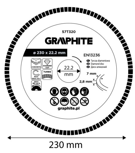 Graphite Gyémánt vágókorong 230x22.2mm, turbo, száraz