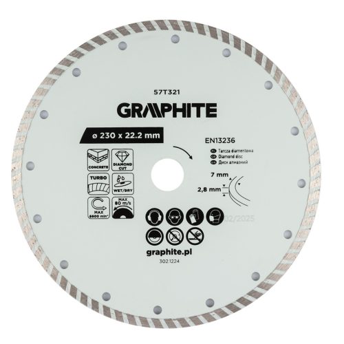 Graphite Gyémánt vágókorong 230x22.2mm, turbo, száraz és vizes