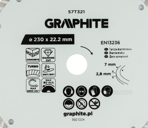 Graphite Gyémánt vágókorong 230x22.2mm, turbo, száraz és vizes