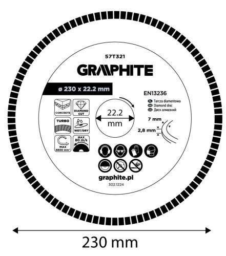 Graphite Gyémánt vágókorong 230x22.2mm, turbo, száraz és vizes