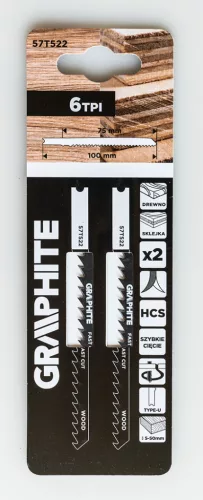 Graphite Dekopírfűrészlap, U-befogó, HCS, 6TPI, 75/100mm, fa-rétegelt lemez, 2db