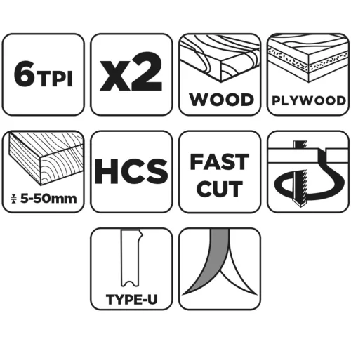 Graphite Dekopírfűrészlap, U-befogó, HCS, 6TPI, 75/100mm, fa-rétegelt lemez, 2db