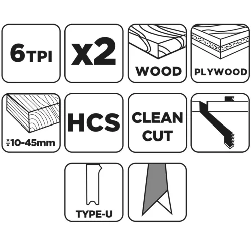 Graphite Dekopírfűrészlap, U-befogó, HCS, 6TPI, 74/100mm, fa-rétegelt lemez, 2db