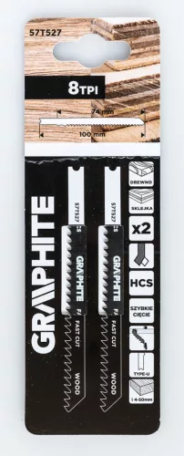 Graphite Dekopírfűrészlap, U-befogó, HCS, 8TPI, 74/100mm, fa-rétegelt lemez, 2db
