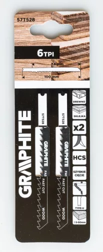 Graphite Dekopírfűrészlap, U-befogó, HCS, 6TPI, 74/100mm, fa-rétegelt lemez, 2db