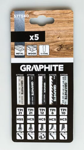 Graphite Dekopírfűrészlap készlet, T-befogó, HCS, fém-fa-rétegelt lemez, 5db
