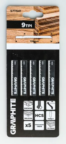 Graphite Dekopírfűrészlap, T-befogó, HCS, 9TPI, 100/126mm, fa-rétegelt lemez, 5db