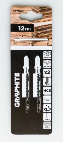 Graphite Dekopírfűrészlap, T-befogó, HCS, 12TPI, 50/76mm, fa-rétegelt lemez, 2db