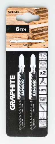 Graphite Dekopírfűrészlap, T-befogó, HCS, 6TPI, 74/100mm, fa-rétegelt lemez, 2db