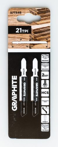 Graphite Dekopírfűrészlap, T-befogó, HCS, 21TPI, 50/76mm, fa-rétegelt lemez, 2db
