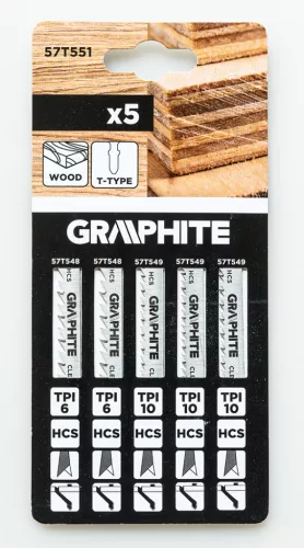 Graphite Dekopírfűrészlap készlet, T-befogó, HCS, 6TPI/10TPI, 74/100mm, fa-rétegelt lemez, 5db