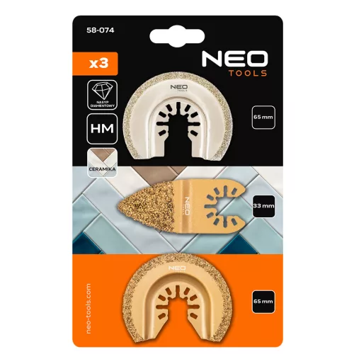 Neo Tools Multigép, rezgőgép lap készlet HCS, volfram/gyémánt, félköríves vágó, hegyes csiszoló, kerámiához, 3db